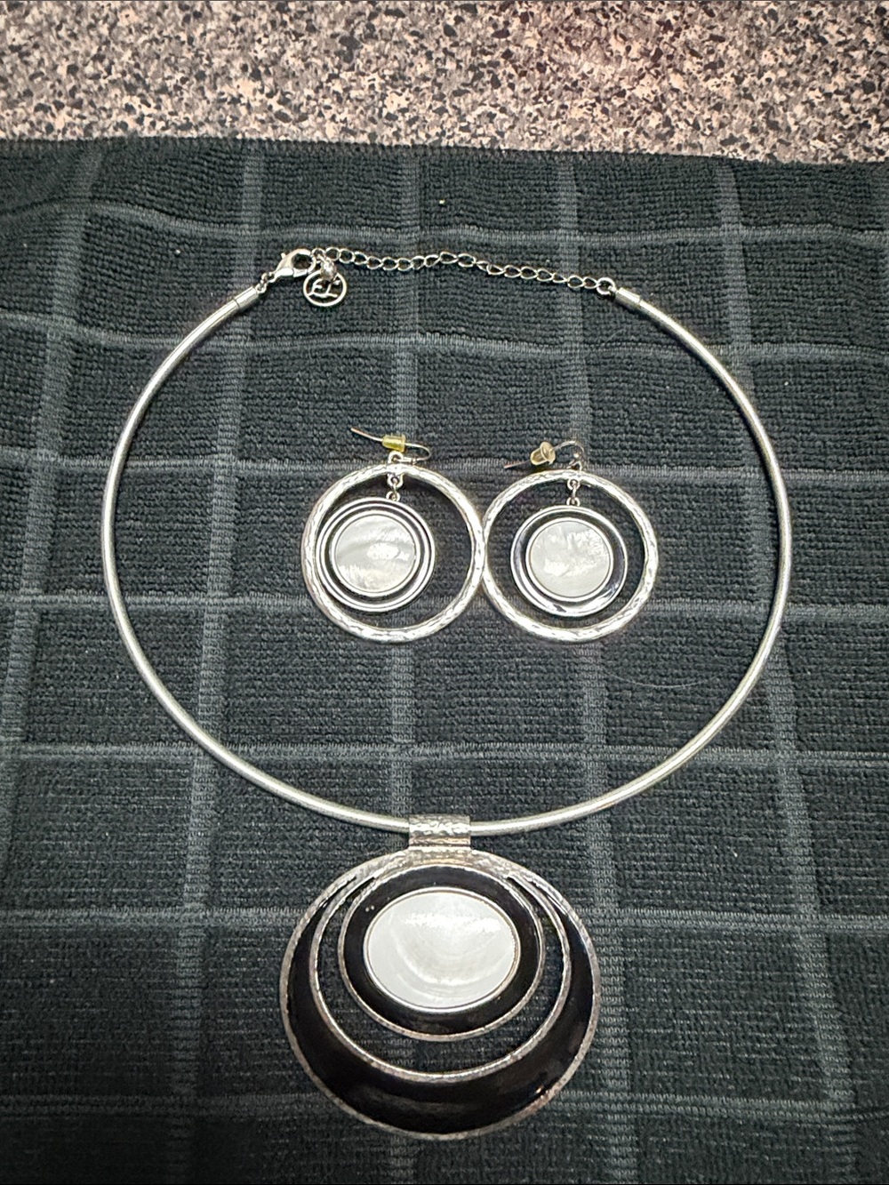 Erica Lyons Silver-Tone Black and White Circular Pendant Necklace & Earrings Set